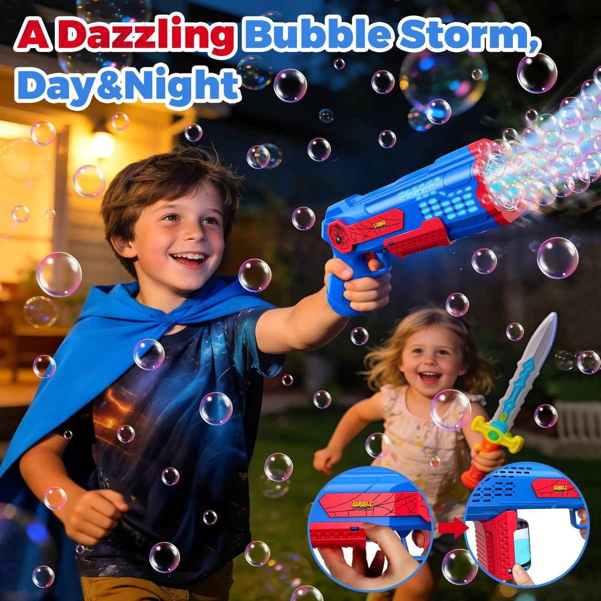 Zerhunt bubble gun for kids 2 pack, blue and red, with bubble solution bottles - view 7