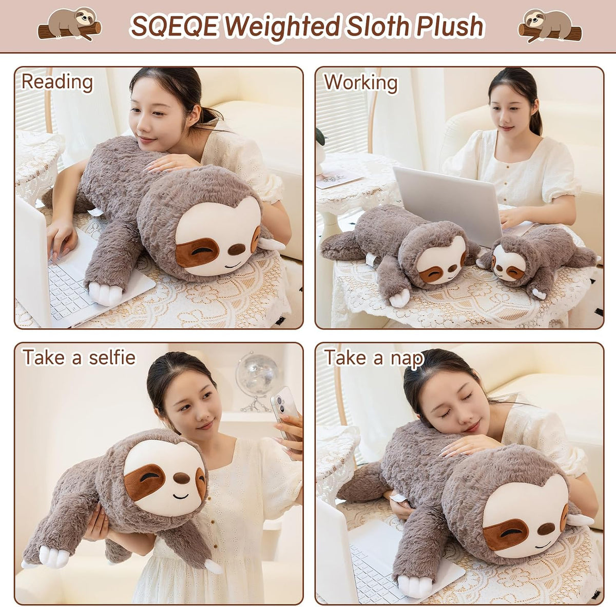 SQEQE Weighted Stuffed Animals Capybara Plush - Sloth / Large(23.6 Inch) - image 4
