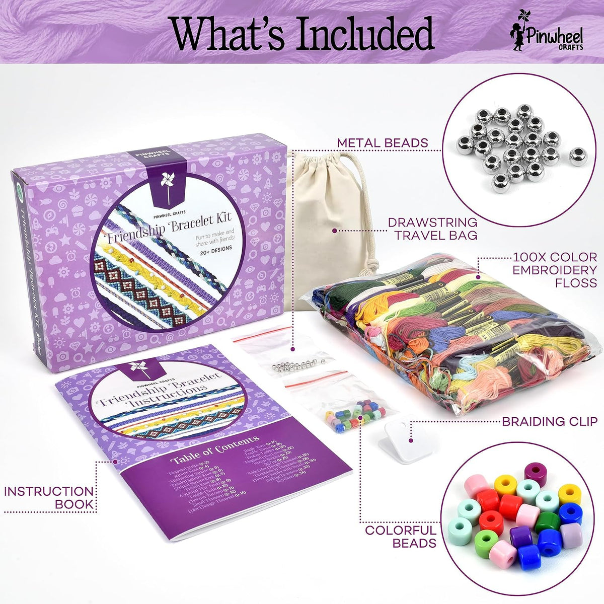 Pinwheel Crafts friendship bracelet kit with 100 floss threads, beads and storage bag - view 9