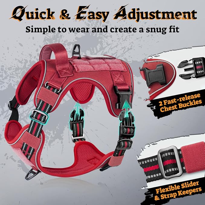rabbitgoo Dog Harness Medium Sized No Pull, Tactical Service Pet Vest with Molle and Control Handle, Adjustable and Reflective Military Harness for Easy Walking and Training, Red, M