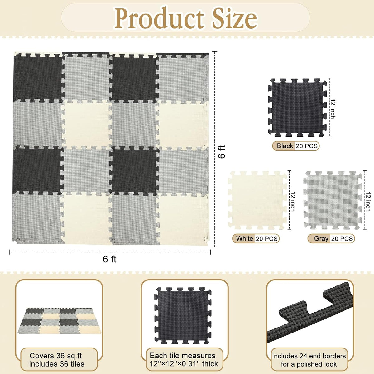 Nuanchu 60 PCS Kids Foam Puzzle Mat, Cream - Black, White, Gray - image 2
