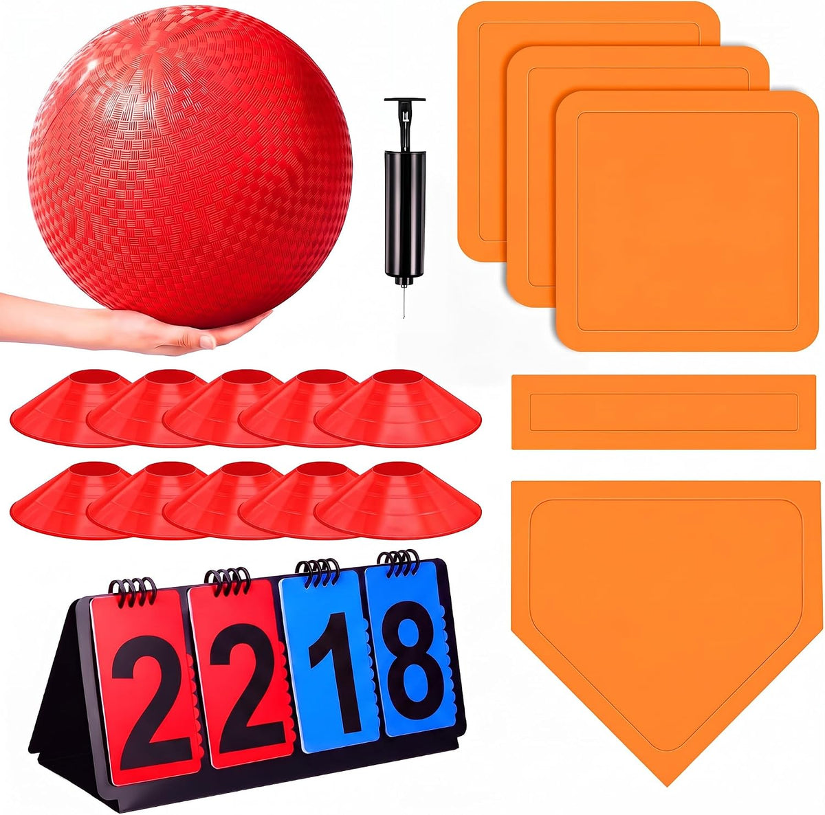 Jenaai blue kickball set with 10 inch ball, rubber bases, cones, scoreboard and pump - view 6