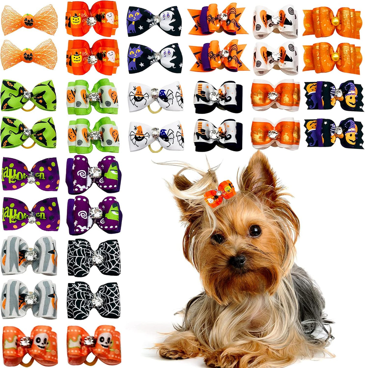 PET SHOW 20pcs Halloween Small Dog Hair Bows with Rubber Bands - 50pcs Halloween