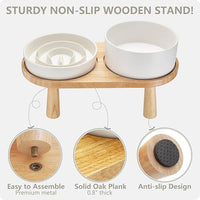 Ceramic Slow Feeder and Water Bowl Set for Small Dogs, Ceramic Dog Bowls Elevated with Wooden Stand, 0.6 Cups Dog Slow Feeder(14oz) and 30oz Water Bowl Set, White