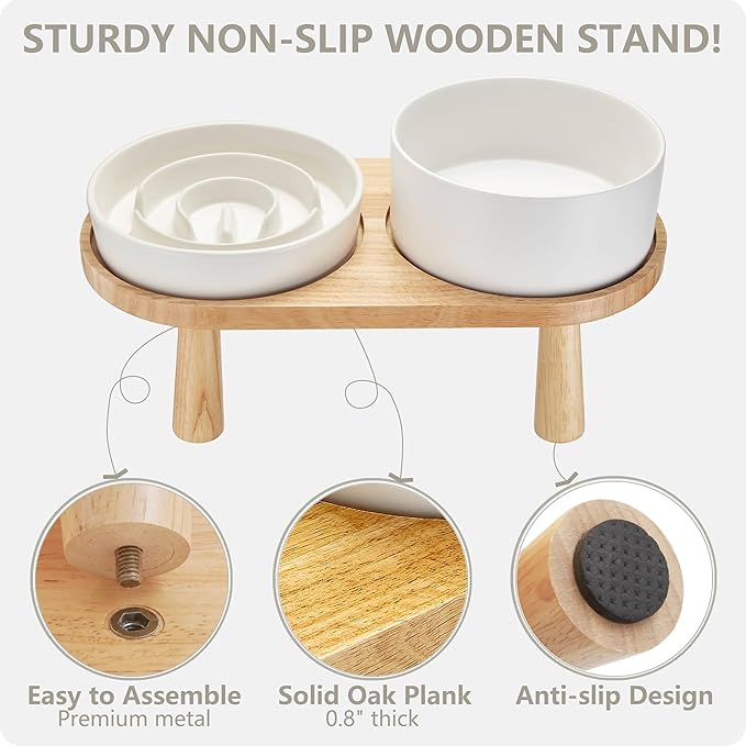 Ceramic Slow Feeder and Water Bowl Set for Medium and Large Dogs, Ceramic Dog Bowls Elevated with Wooden Stand, 2.0 Cups Dog Slow Feeder(30oz) and 70oz Water Bowl Set, White