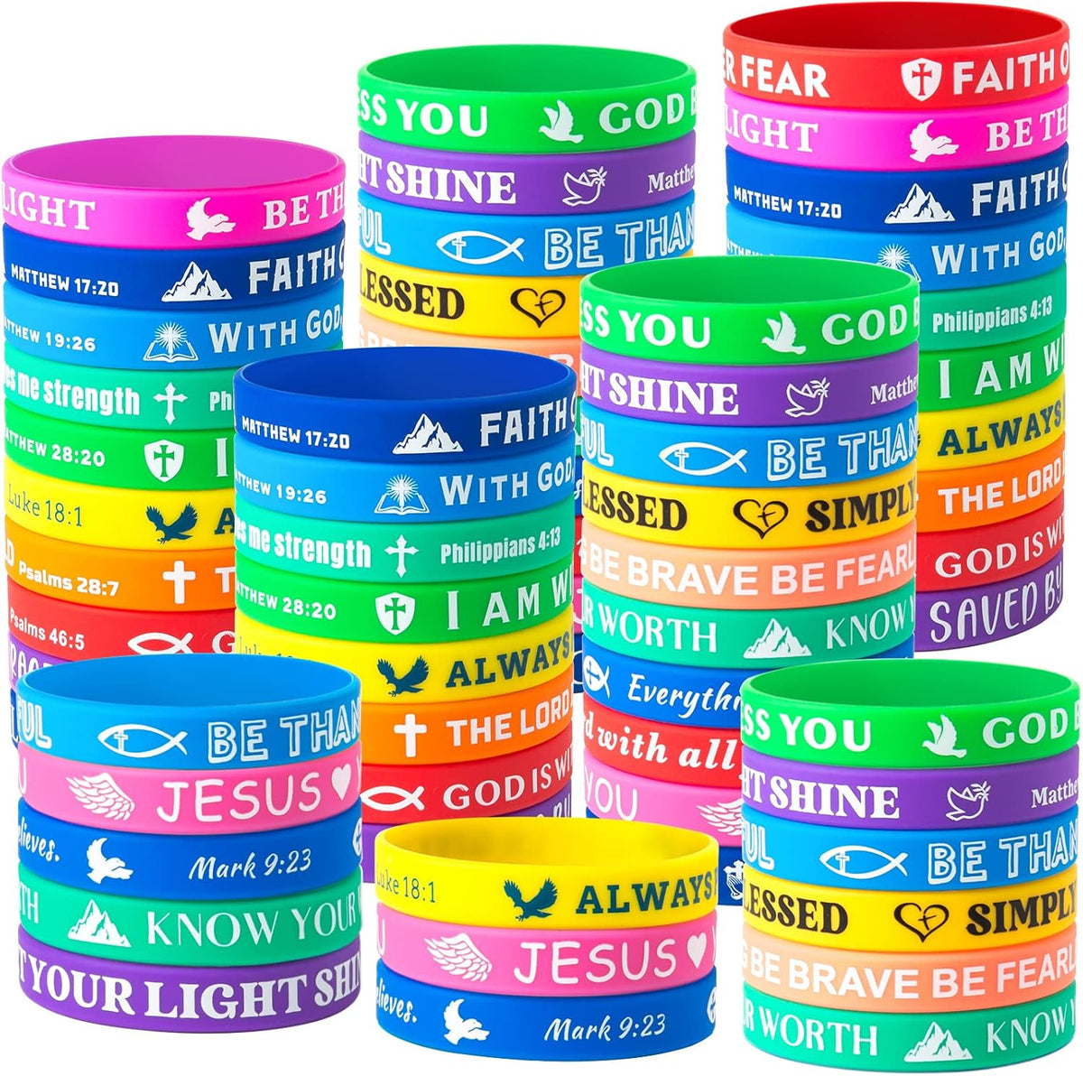 Bible Verse Bracelets – 80 Pcs Bulk Jesus Silicone Wristbands – Fun for Kids & Family - Bright Color