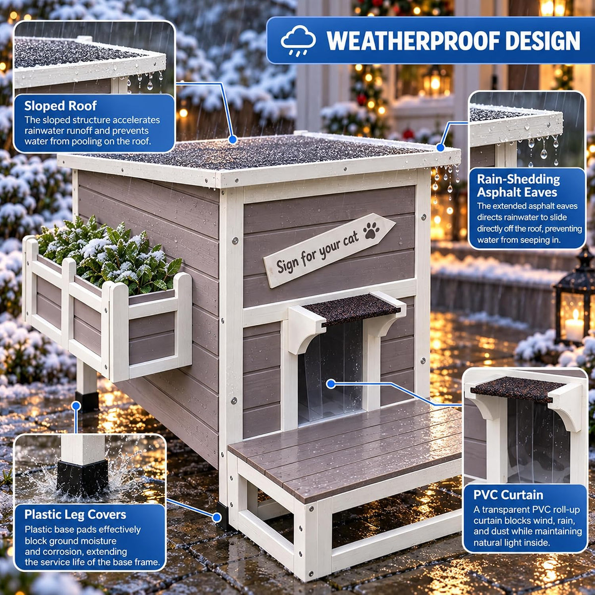 Large Outdoor Cat House with Soft Mat, Wooden Feral Cat Shelter – Essentials for Cats - Grey-with Mat - image 4