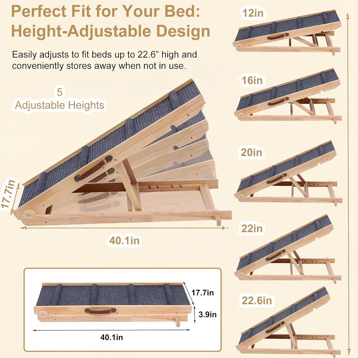 Foldable Wooden Dog Ramp Wooden Dog Ramp for Bed-5 Adjustable Heights – Essentials for Dogs - image 3