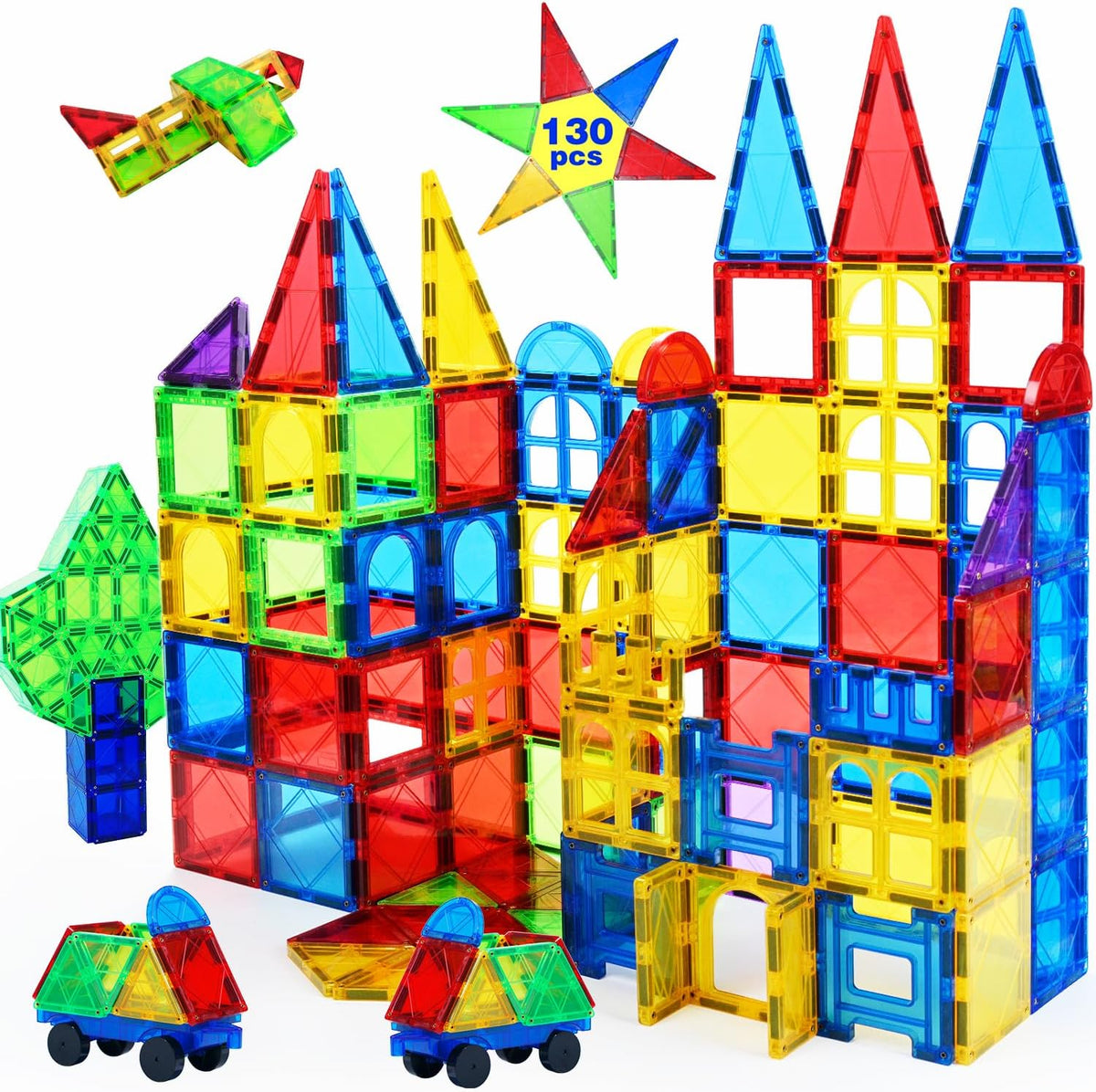 Magnetic Tiles Kids Magnetic Blocks 32PCS Building Sets for Kids Ages - 130pcs Magnetic Tiles With 2 Cars