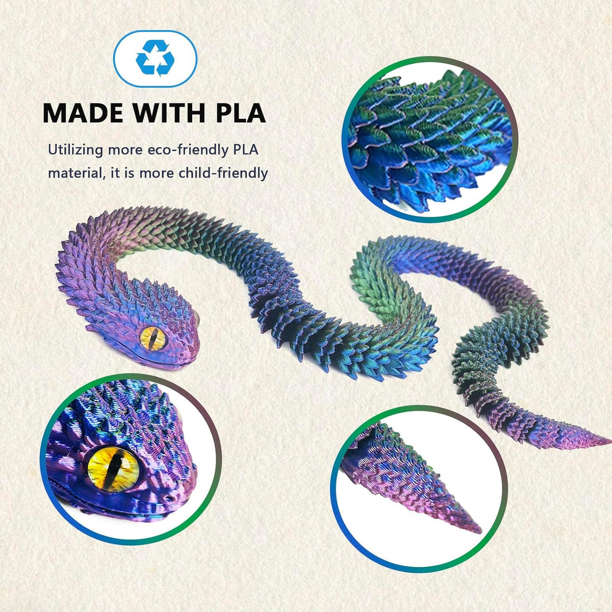 24in 3D Printed Snake Toys, Flexible 3D Printed Animal - Sky Blue / 24in - image 3