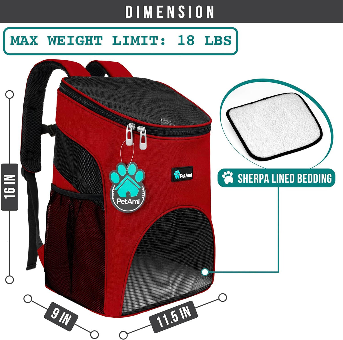 PetAmi Cat Backpack Carrier for Small Dogs and Large Cats - Red - image 2