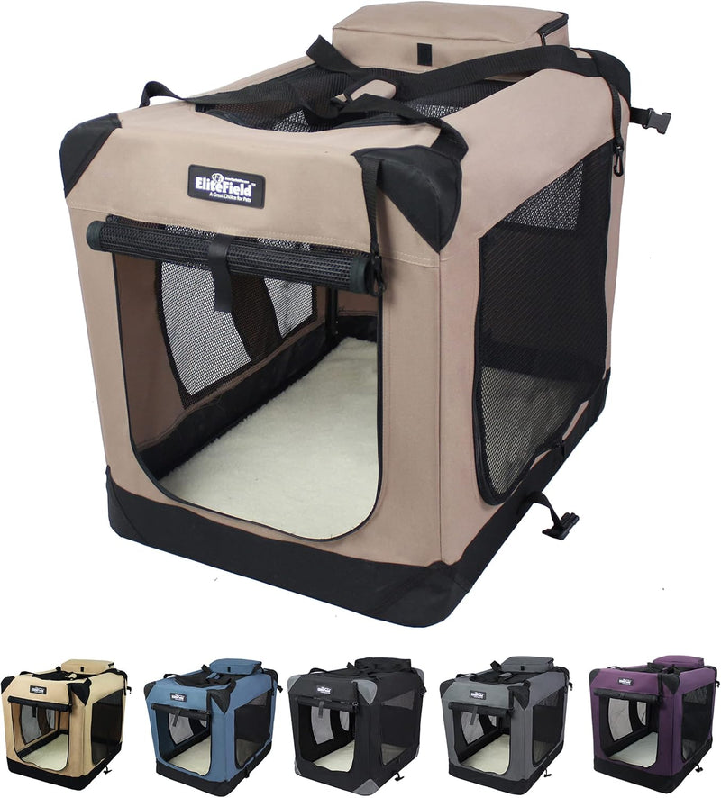 EliteField 3-Door Soft Dog Crate with Bed & Carrying Bag – Essentials for Dogs - Khaki / 30.0"L x 21.0"W x 24.0"H