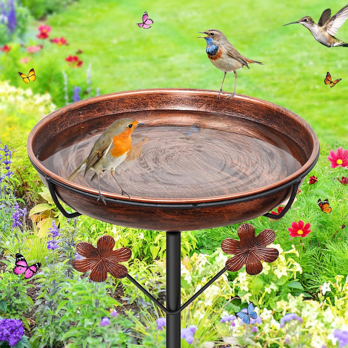 Metal Bird Bath for Outside - Vintage Brown, Flowers - image 2