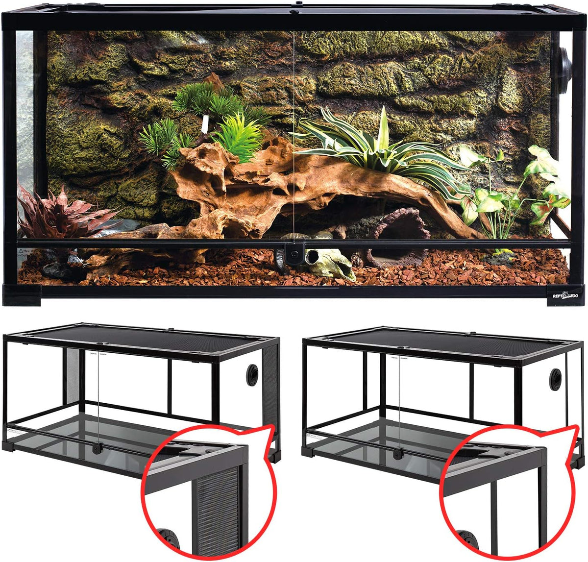 REPTI ZOO 50 Gallon Reptile Glass Tank Terrarium 2 in 1 Side Meshes - 36" x 18" x 17.75" (50 Gallon)