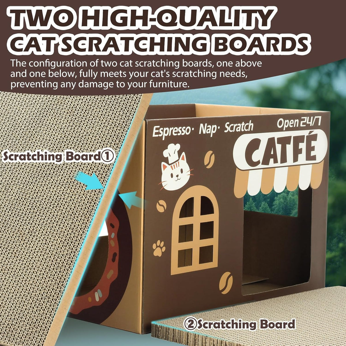 ARGOPET Cat Cardboard House with 2 PCS Scratching Pads – Essentials for Cats - New-Brown - image 3