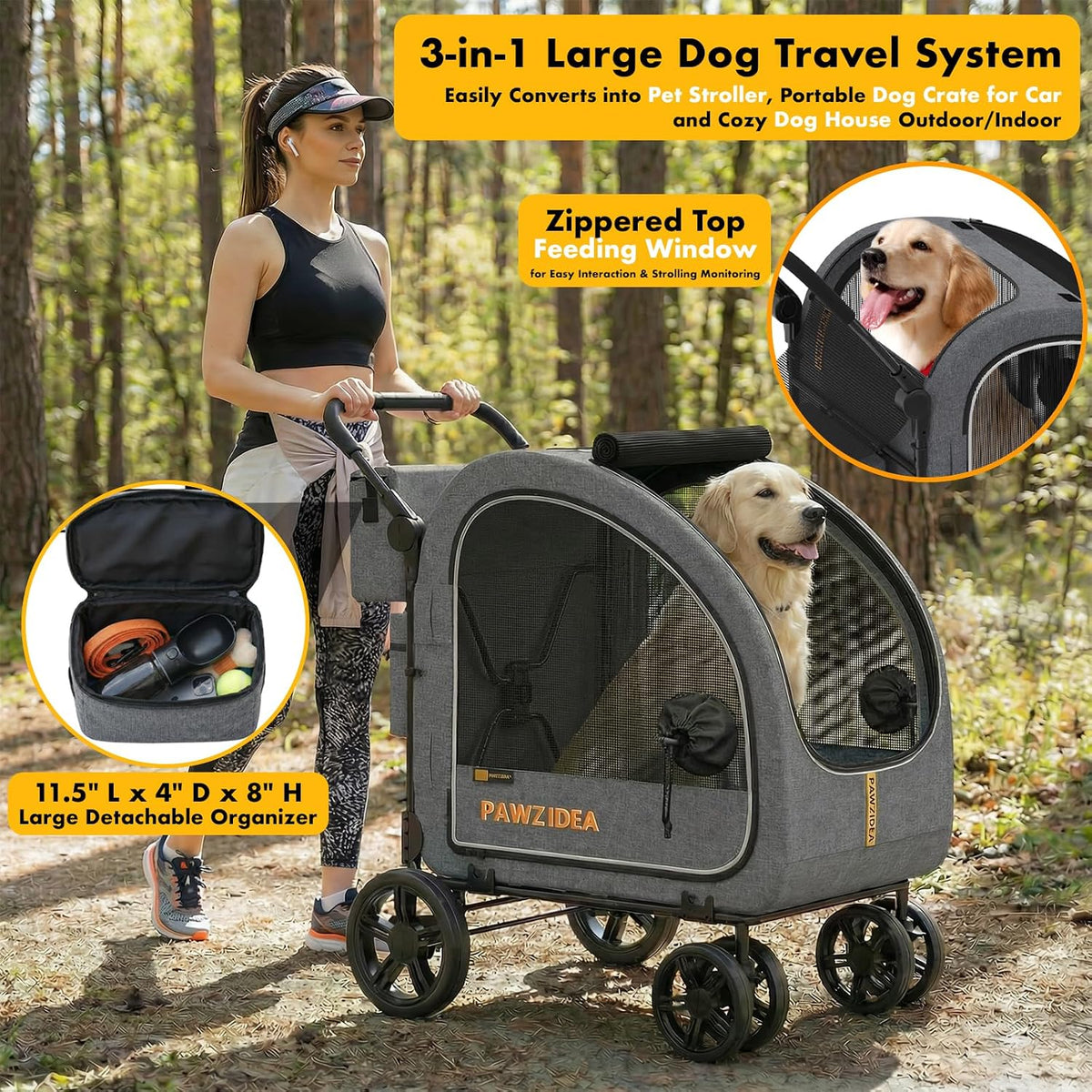 PAWZIDEA 3-in-1 Large Dog Stroller with Detachable Carrier - Mid-Hemp Grey - image 3