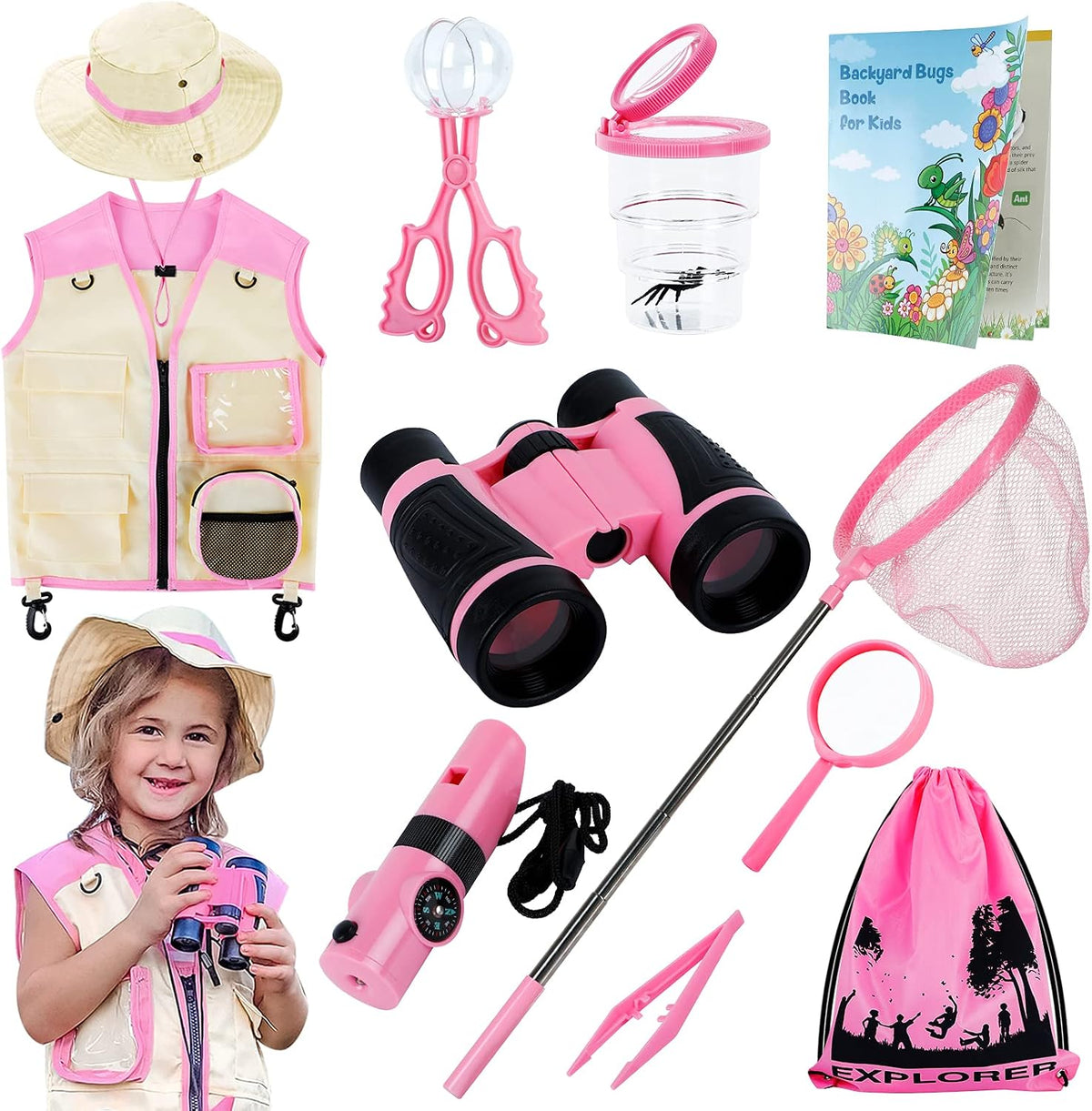 INNOCHEER Kids Explorer Kit & Bug Catcher Kit & Safari Costume Kit - Pink