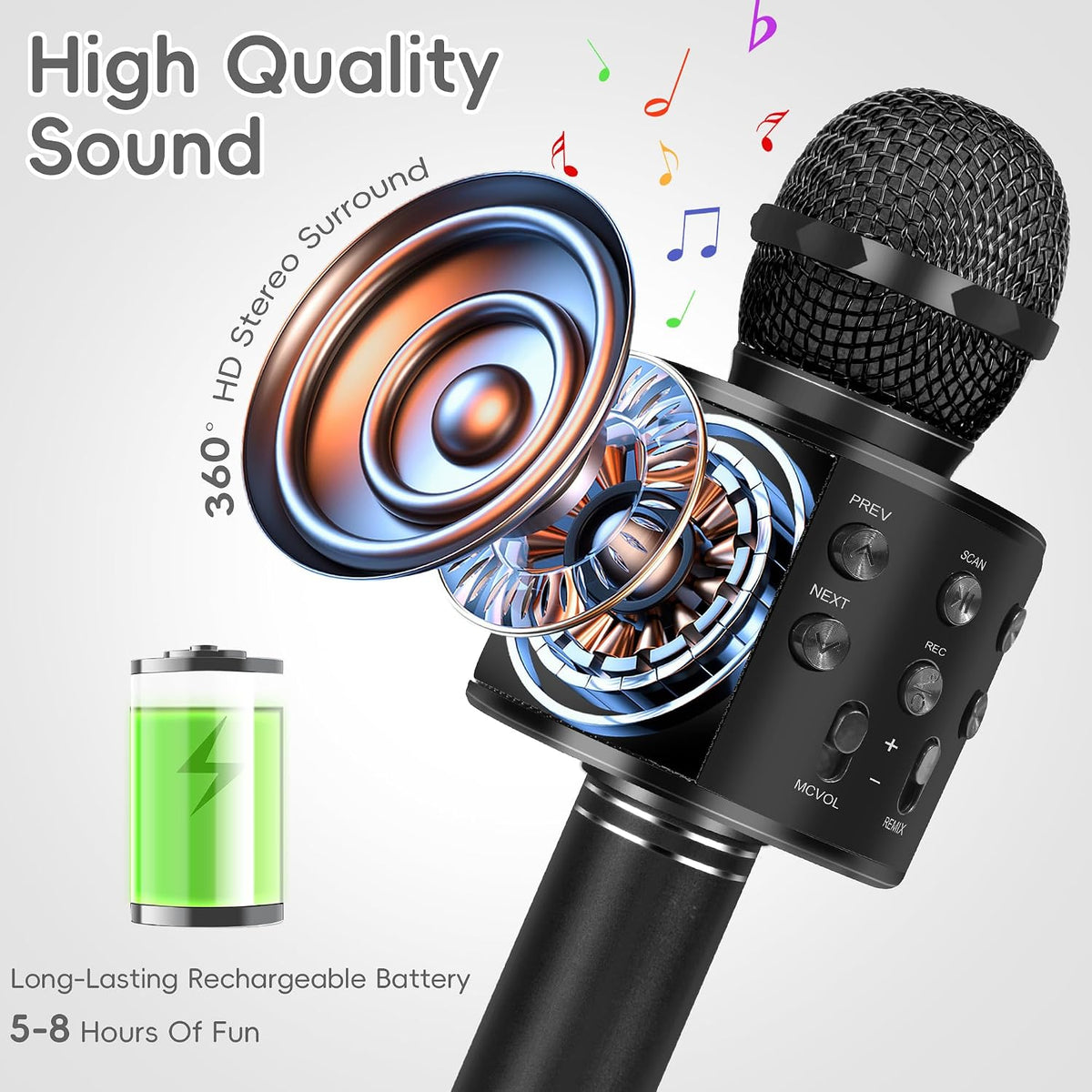 Kids Karaoke Microphone, Wireless Bluetooth Toy Microphone Christmas Gift – Fun for Kids & Family - Black - image 4