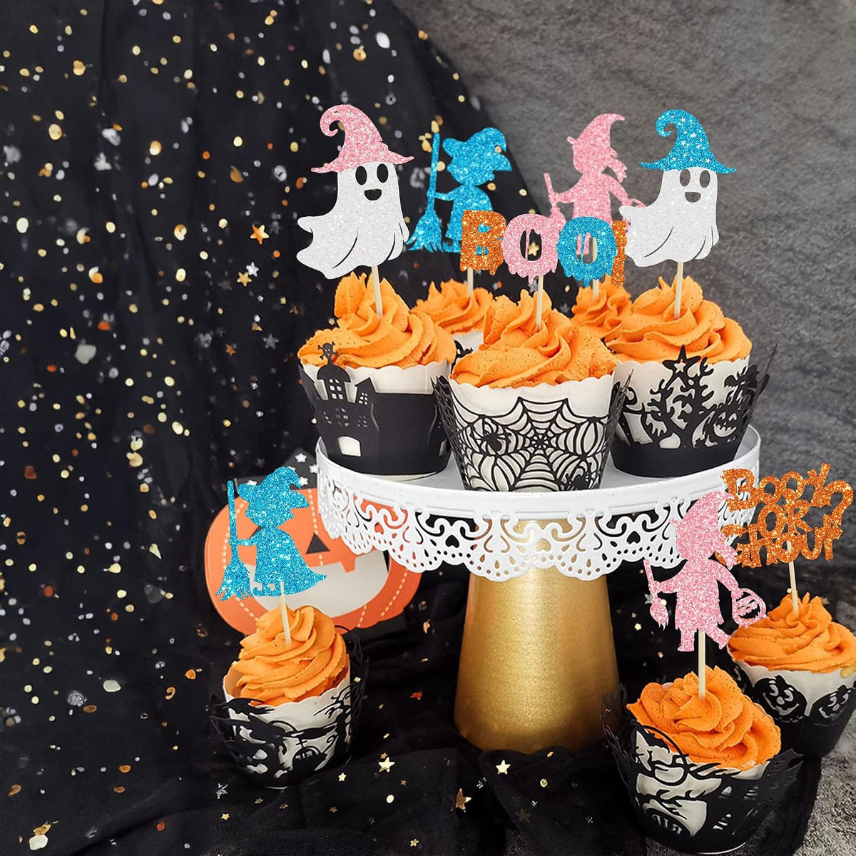 Ephlyn 24 white glitter ghost cupcake toppers for Halloween desserts - view 34