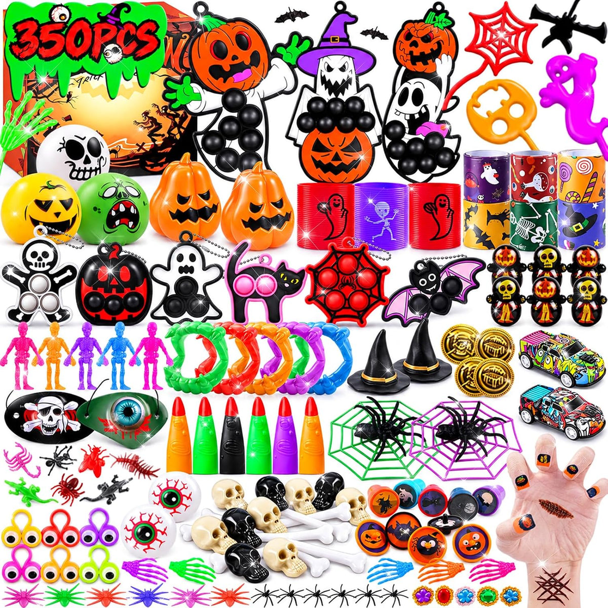 ChildFun 350 piece Halloween party favors set with assorted non-candy toys