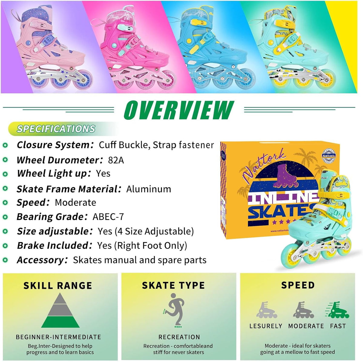 Nattork adjustable inline skates for kids with light-up wheels and checkerboard upper - view 27