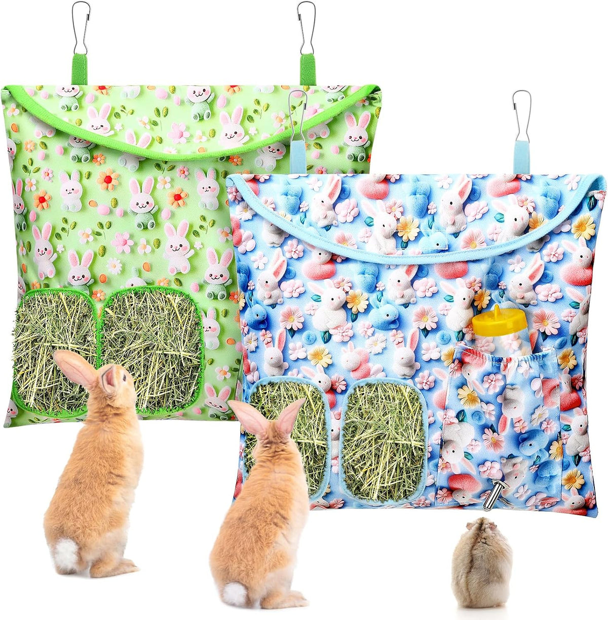 UPINS 2 Pack Guinea Pig Hay Feeder Bag - 30 x 32 cm / Blue Green