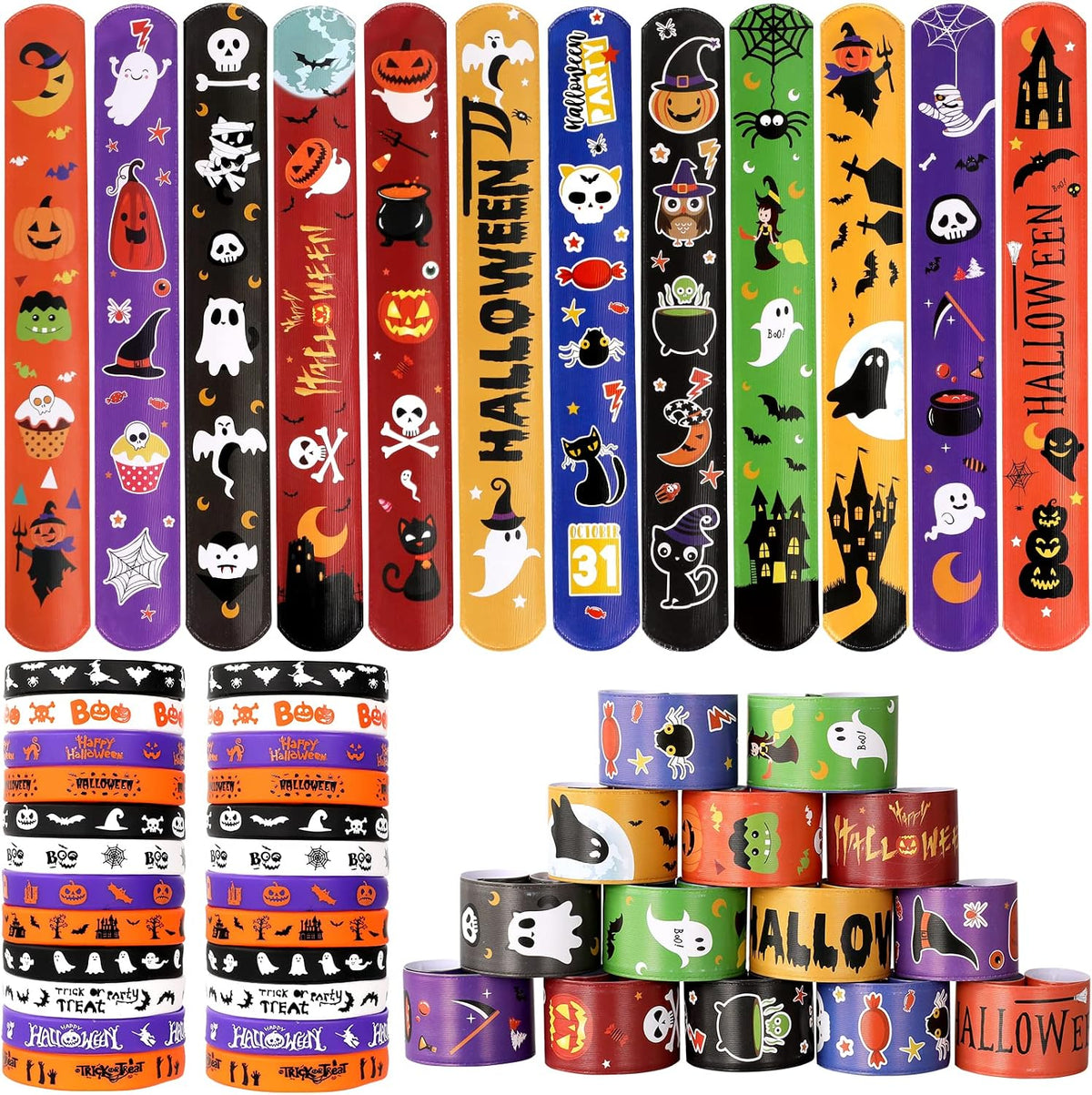 MGparty Halloween party favors, 72 slap bracelets and rubber wristbands with spooky designs