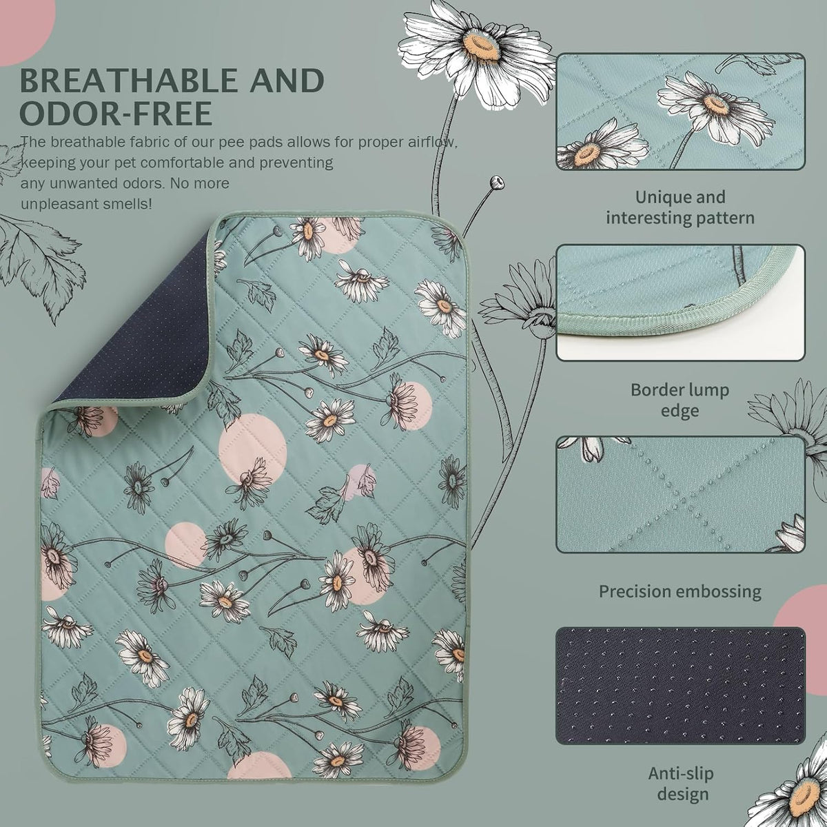 IEUUMLER Washable Pee Pads for Dogs - Green Daisy / 34"X36"-2pcs - image 2