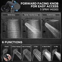 Veken Wide Rain Shower Head with 6 Modes Handheld Water Spray，High Pressure Showerhead Combo with Arm for Bathroom Accessories，Home Decor Adjustable Dual Shower with Anti-Clog Nozzles，Matte Black