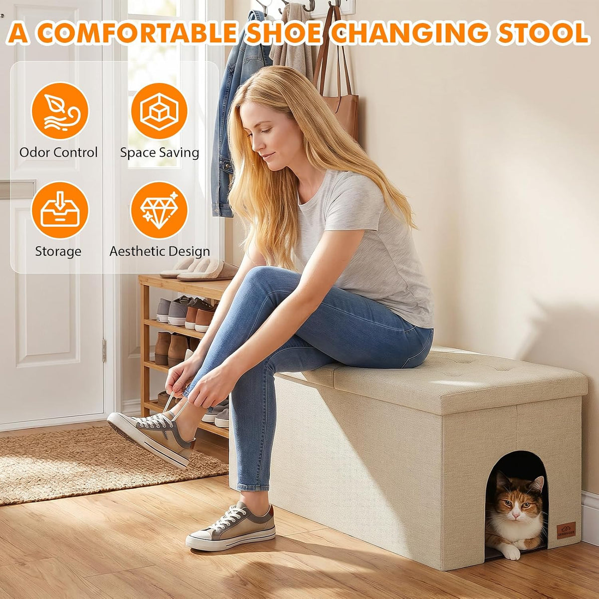 Zerbuger Cat Litter Box Enclosure Furniture for Odor Control – Essentials for Cats - Cream / X-Large - image 3
