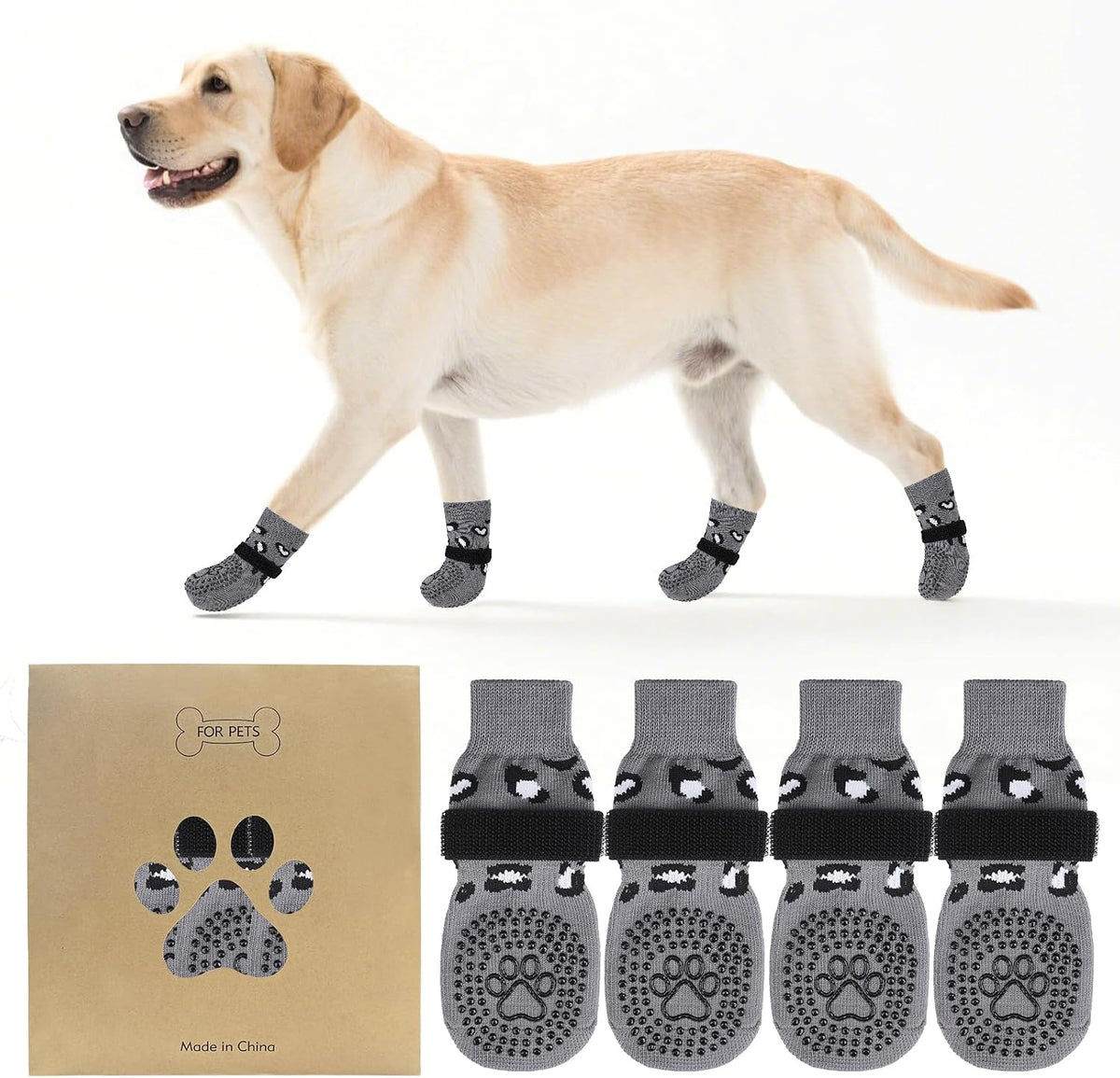 Dog Socks Shoes for Hot Pavement to Prevent Licking Paws - Leopard Grey / Small (4 Pack)