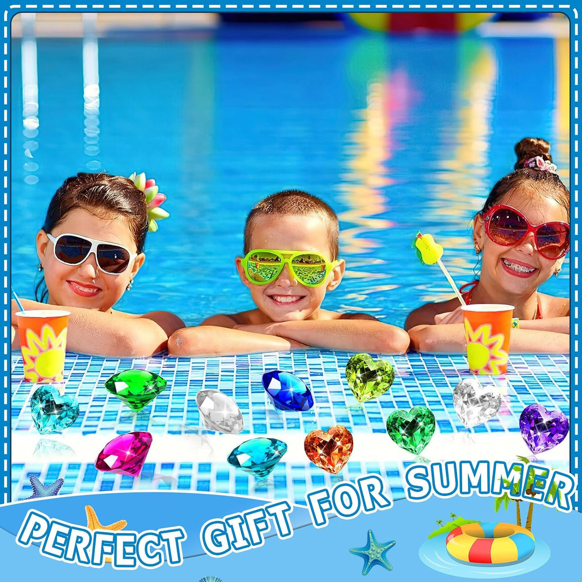 MARFOREVER pool dive gems, 8 diamond and 8 heart shaped acrylic gems with storage bag - view 6