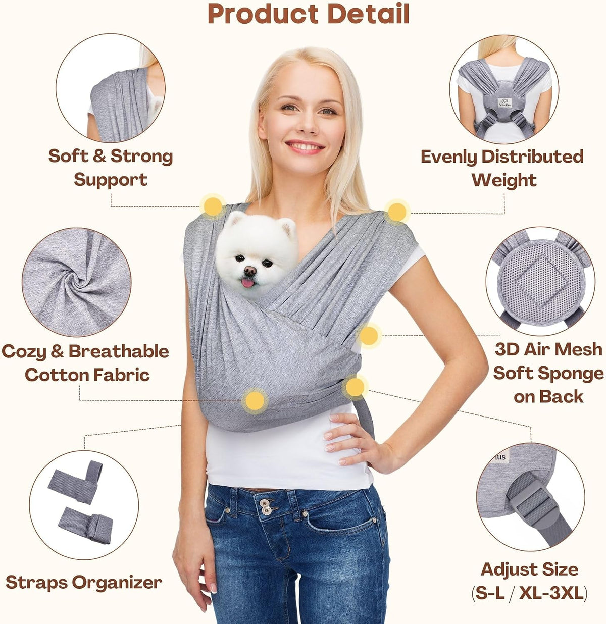 Small Dog Sling Carrier, Hands-Free - Light Heather Gray / Plus - image 3
