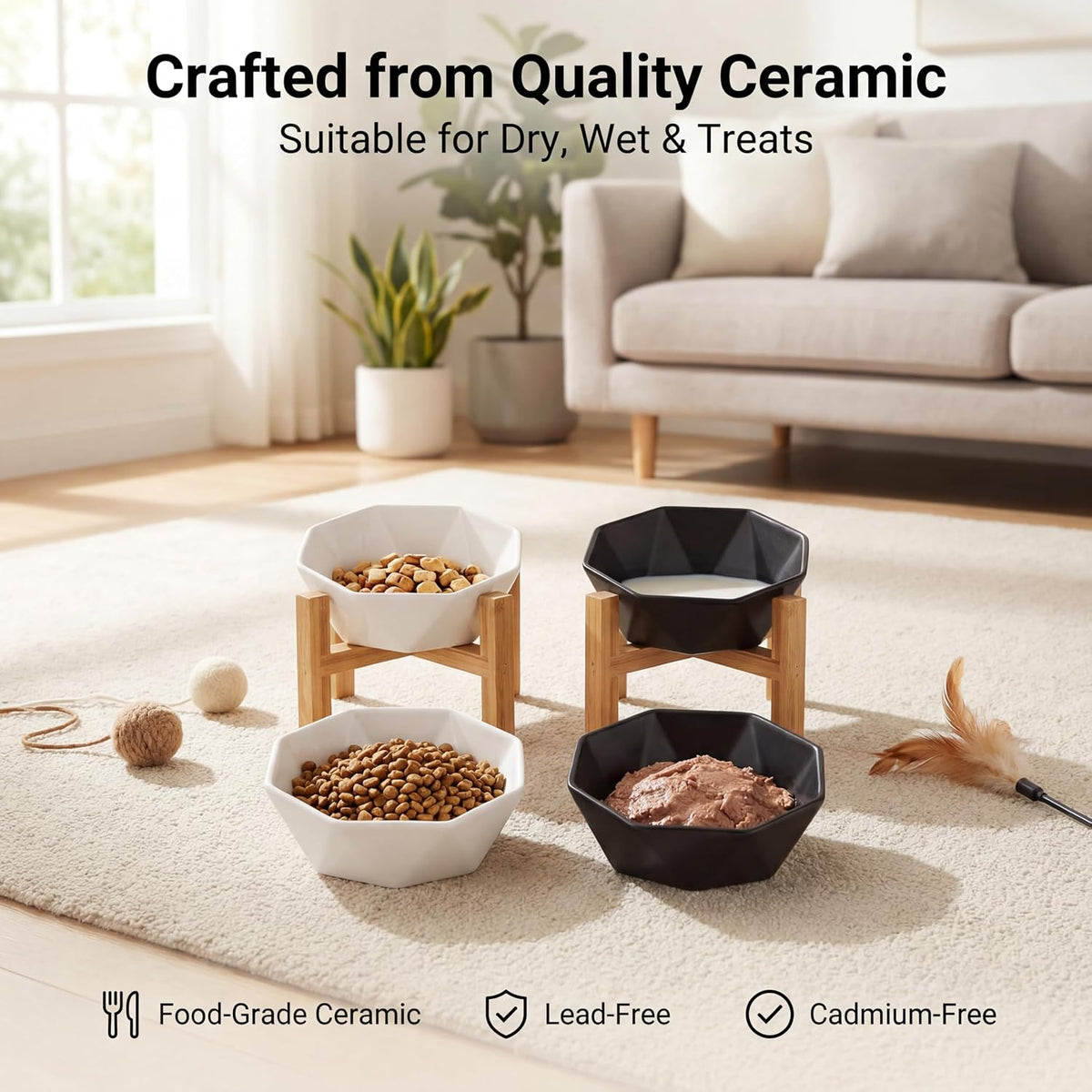 Ceramic Tilted Raised Cat Bowl - White with stand - image 4