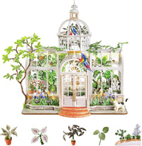 Rolife Greenhouse miniature house kit assembled with plants, wooden furniture and LED light