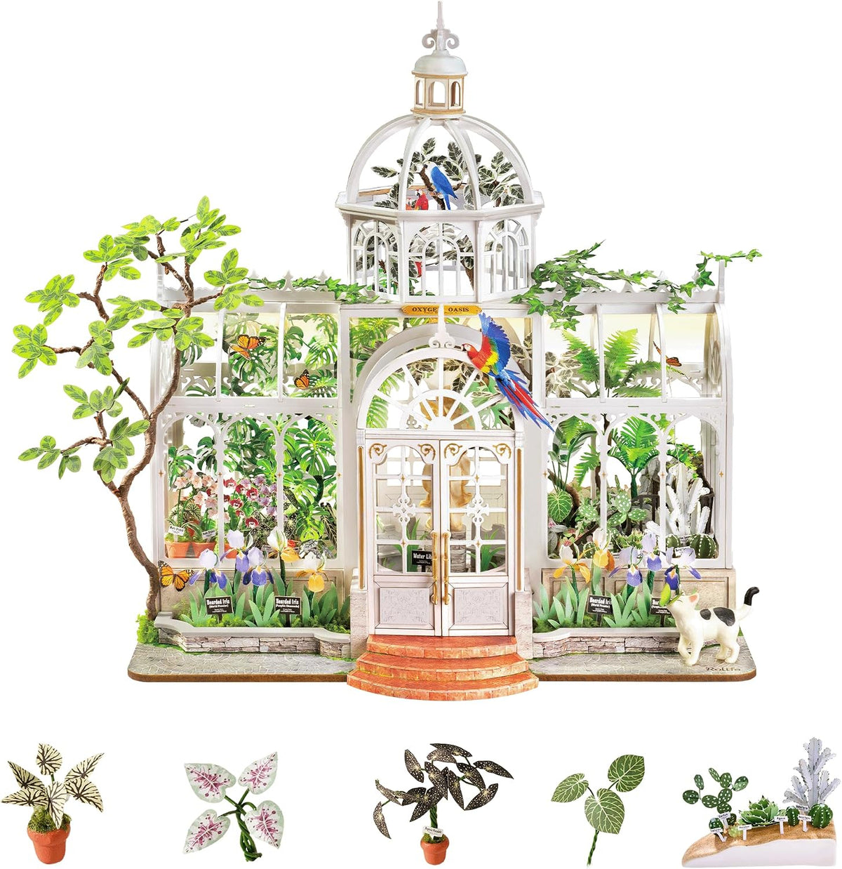 Rolife Greenhouse miniature house kit assembled with plants, wooden furniture and LED light