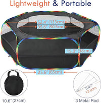 Pawaboo Small Animals Playpen, Waterproof Small Pet Cage Tent with Zippered Cover, Portable Outdoor Yard Fence with 3 Metal Rod for Chick/Kitten/Puppy/Guinea Pig/Rabbits/Hamster, Black + Rainbow