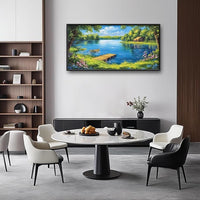 Large Lake Cabin Wall Art for Living Room, Framed Oversized Tree Boat Wildflowers Wall Decor Nature Landscape Canvas Painting Modern Artwork for Bathroom Bedroom Office Dining Room 60"x30"