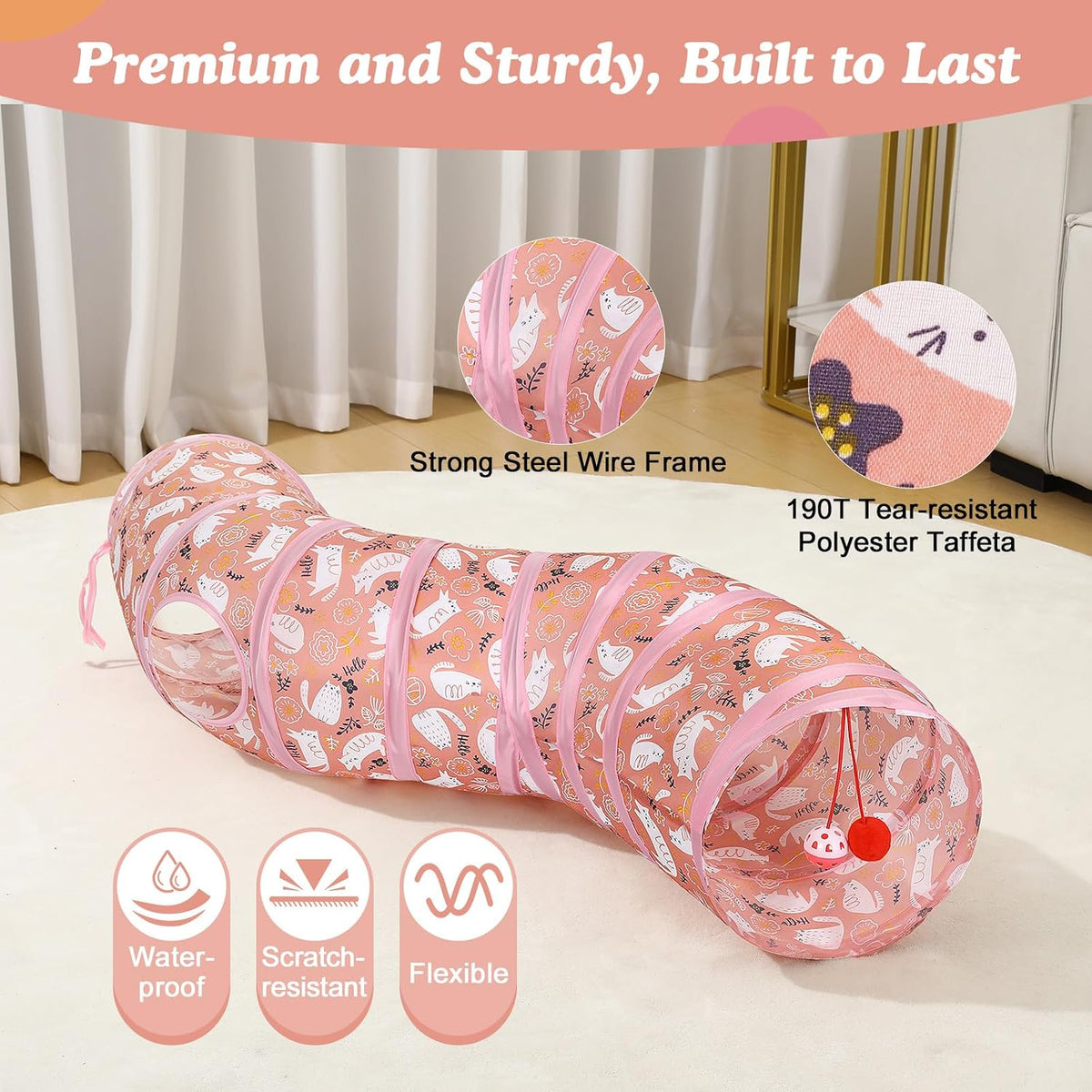 Pawaboo Cat Tunnel, Cat Tunnels for Indoor Cats - Pink Kitties / S Way - image 3