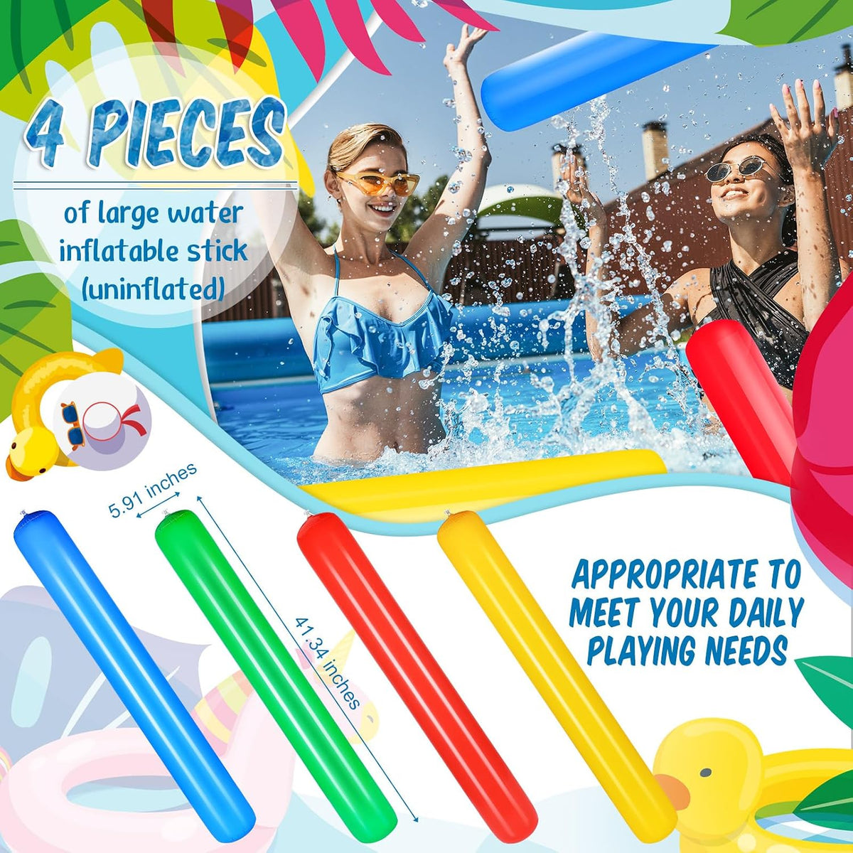 Deekin four inflatable PVC pool noodles in red, yellow, blue and green - view 3