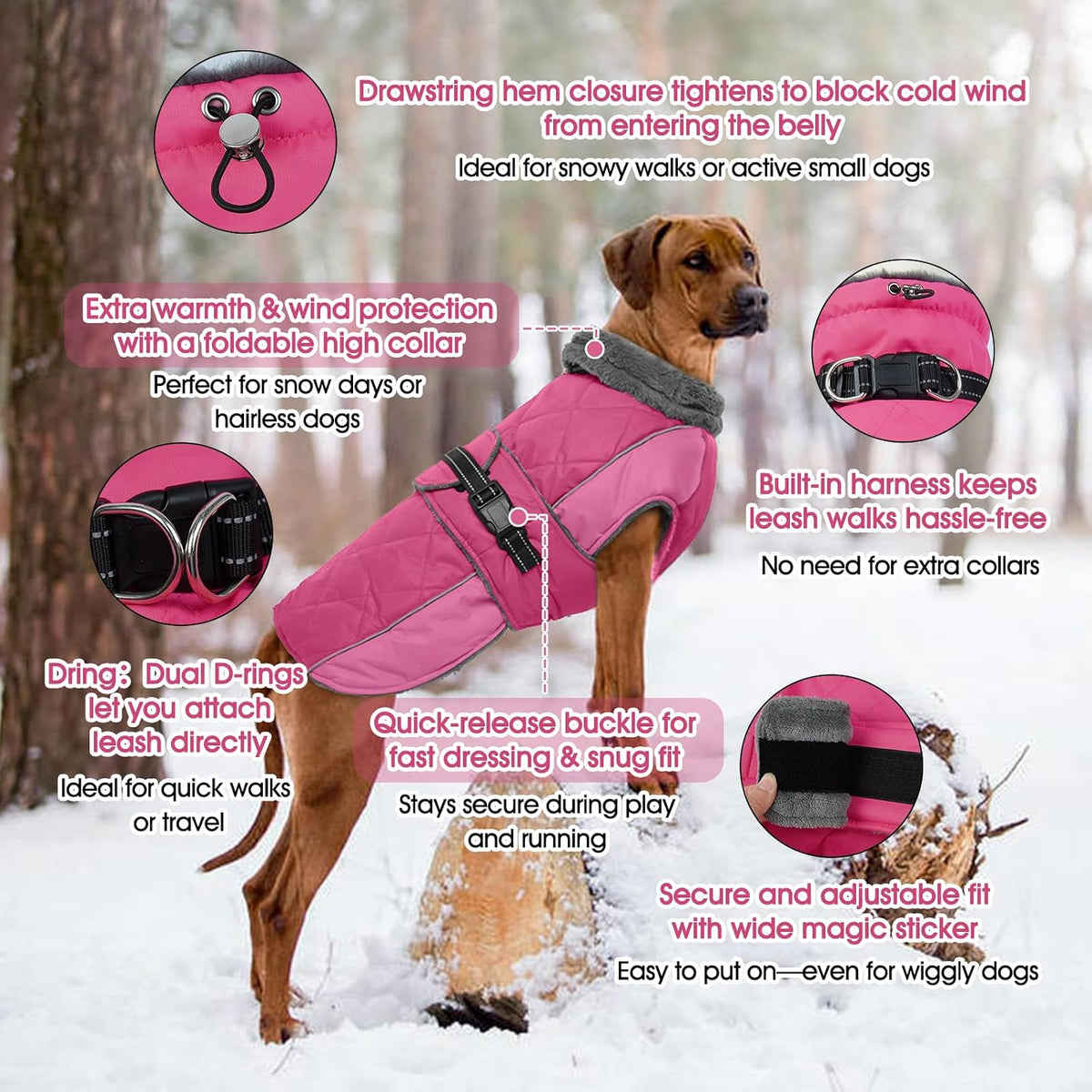 QBLEEV Warm Dog Jacket, Waterproof Dog Winter Coat with Harness – Essentials for Dogs - Rose Red / XXX-Large - image 2