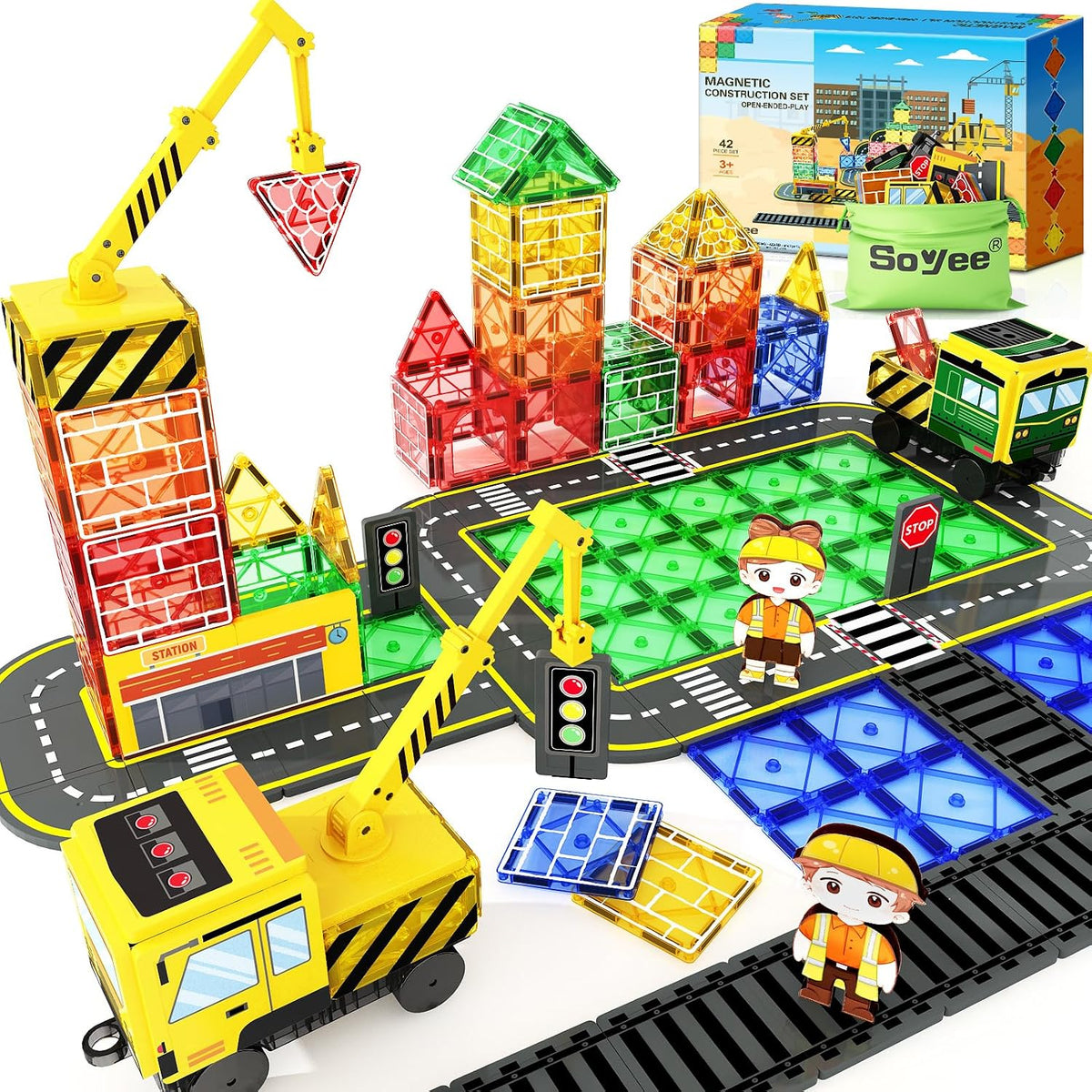 Magnetic Tiles with 2 Cranes - 42 Pieces Set