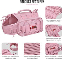 ONETIGRIS Dog Backpack for Medium & Large Dogs, Mammoth Nylon Dog Pack Tactical Backpack Harness with Side Pockets for Hiking Walking Training Running (Pink, Large)