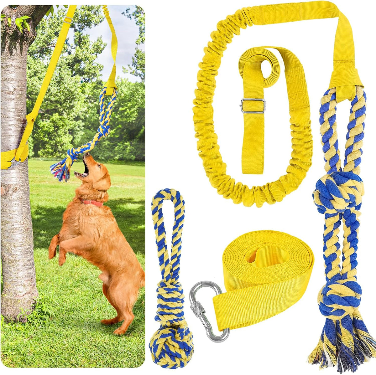 XiaZ Tug of War Dog Toy, Interactive Dogs Toy Bungee Hanging Tether with 2 Chew Rope Toys, Heavy - Yellow