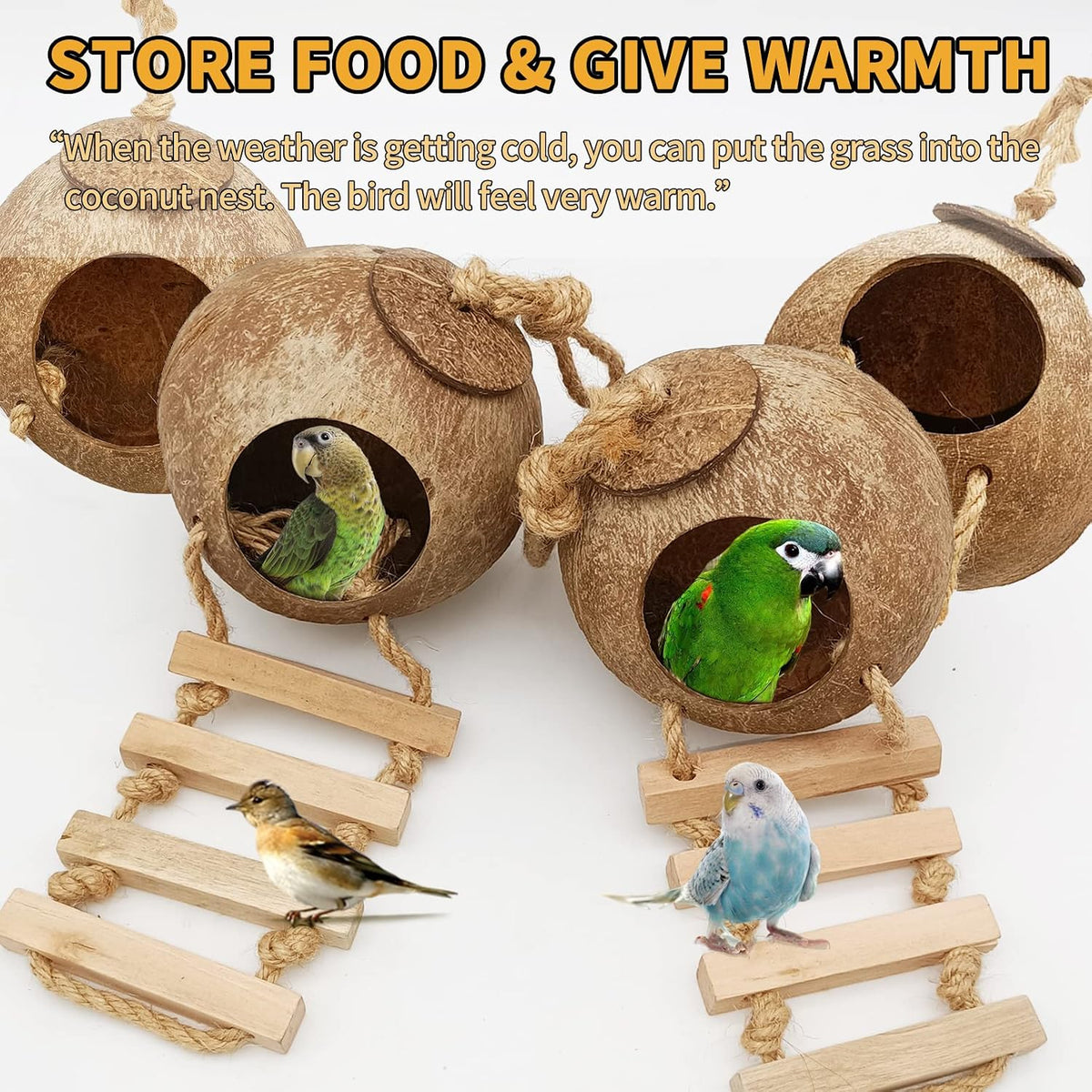 Natural Coconut Hide with Ladder Perches Hanging Bird House Toy - 2pcs Coconut Hide with Ladder Bird Cages - image 4