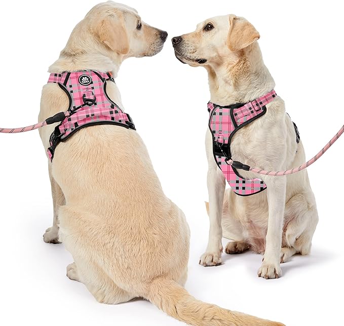 NESTROAD No Pull Dog Harness with Leash, Reflective No Choke Pet Vest Harness,Adjustable Soft Padded Dog Harness with Easy Control Handle for Large Dogs(Checkered Pink,Large)