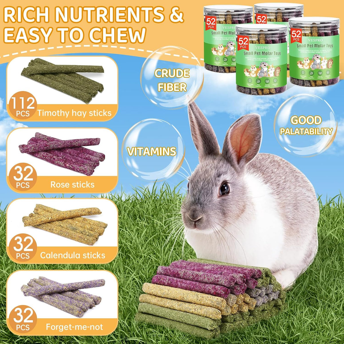 52Pcs Rabbit Chew Sticks, Guinea Pig Toys - 208Pack-Set - image 2
