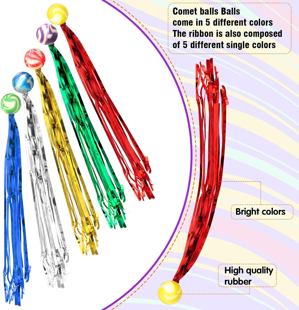 Leyndo comet streamer balls, colorful rubber bouncy balls with long ribbon tails - view 4