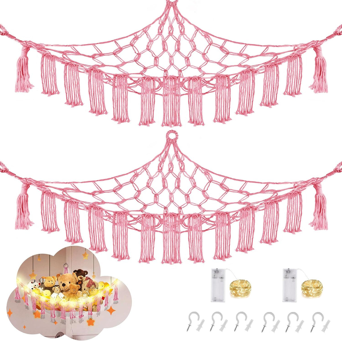CERETIA Stuffed Animal Hammock Large Corner Plushie Net Storage - Pink / Large-(Package of 2)