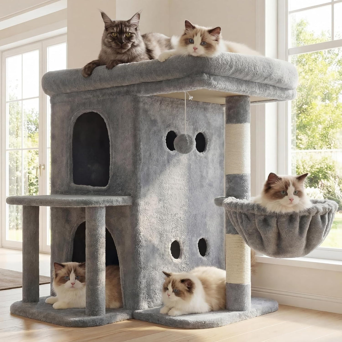 Heybly 26.3" Cat Tree for Large Cats with Big Perch & Dual Condos - Light Gray / 26.3 inch